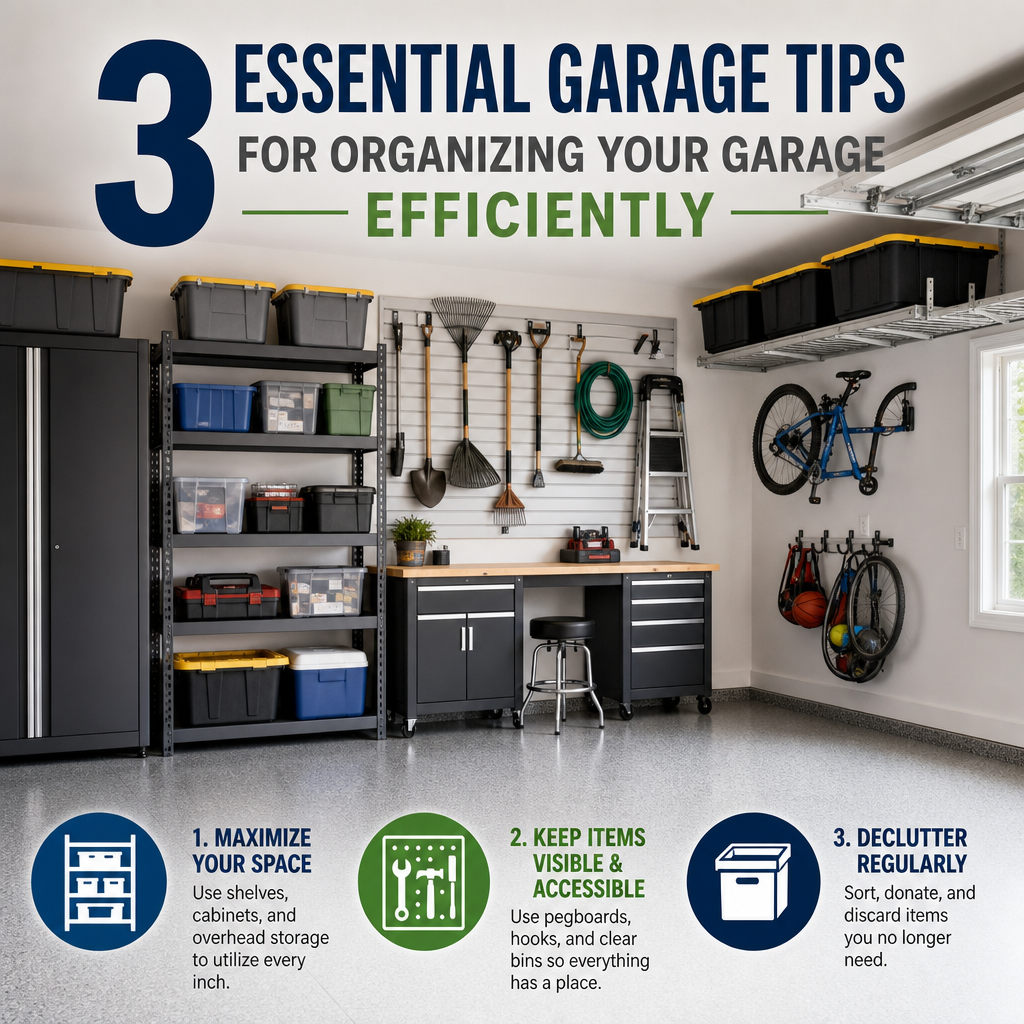 Organized garage with shelves, bins, and tools neatly stored for efficient space and easy access.