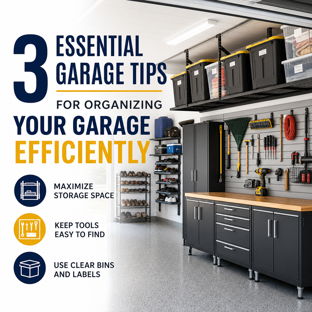 Organized garage with labeled clear bins, tools neatly stored, and tips for maximizing space and easy access.