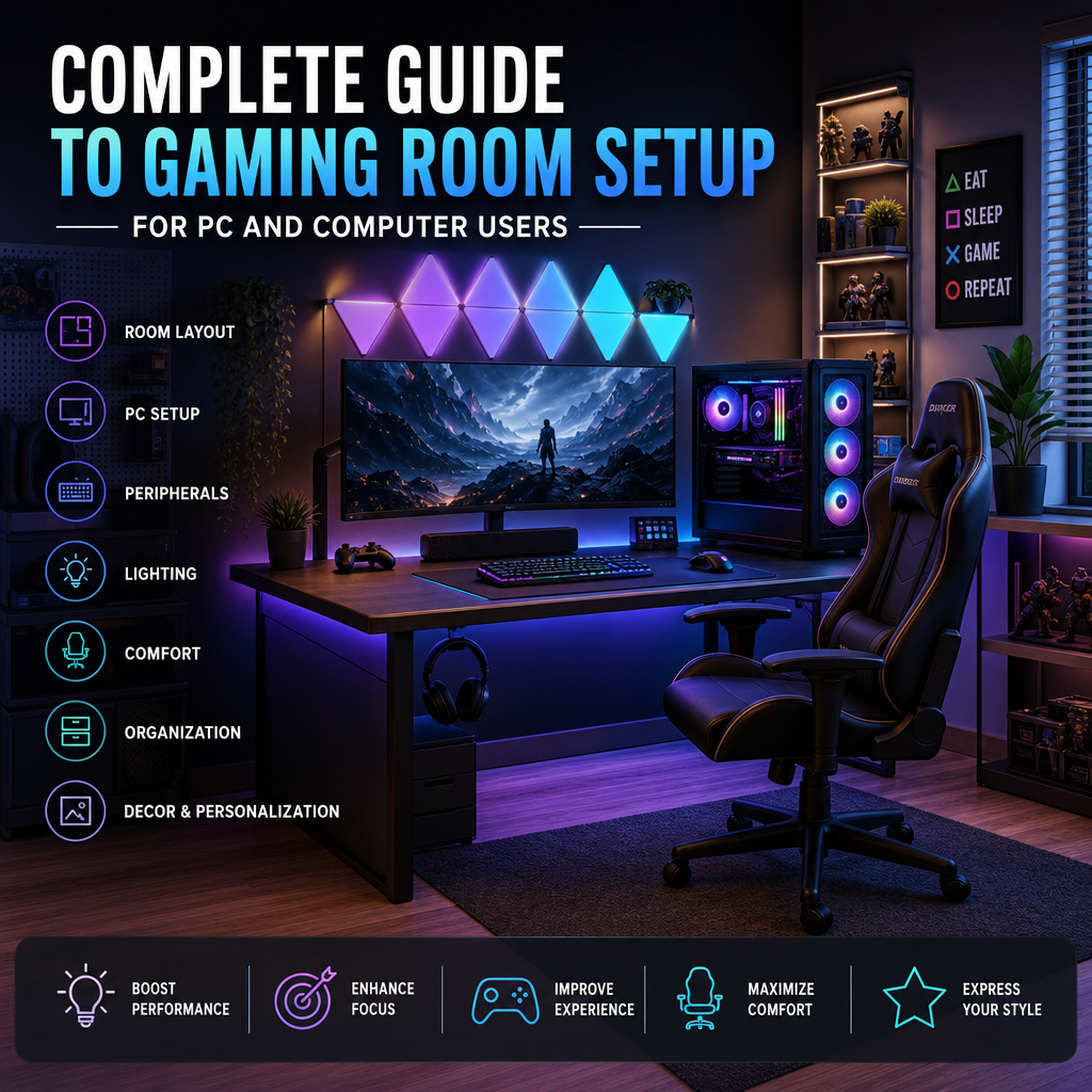 Modern gaming room with dual monitors, RGB lighting, ergonomic chair, and personalized décor for immersive PC gaming.