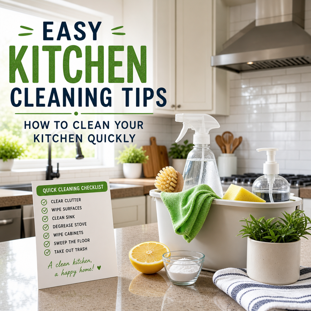 Checklist on a clipboard with quick kitchen cleaning tips for a spotless and inviting kitchen space.