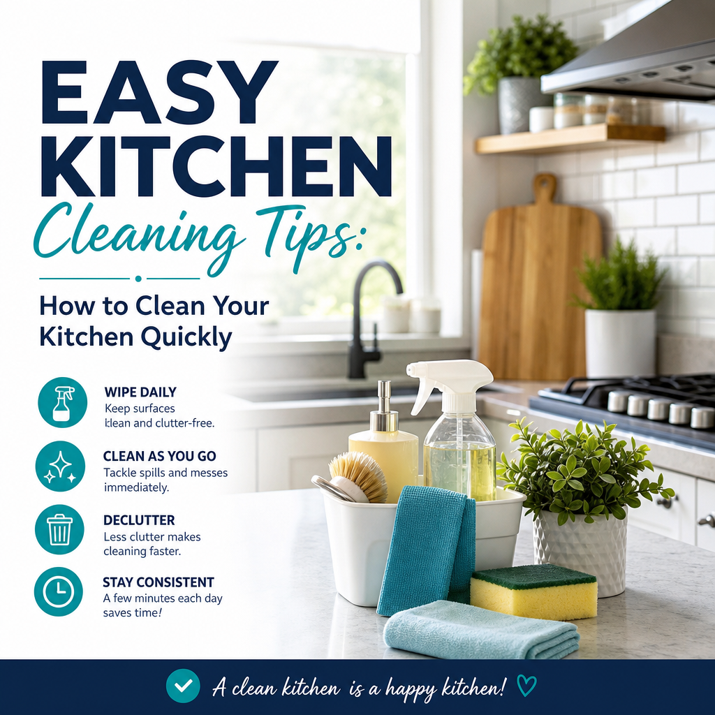 Step-by-step guide showing easy kitchen cleaning tips for quickly and efficiently cleaning kitchen surfaces and appliances.
