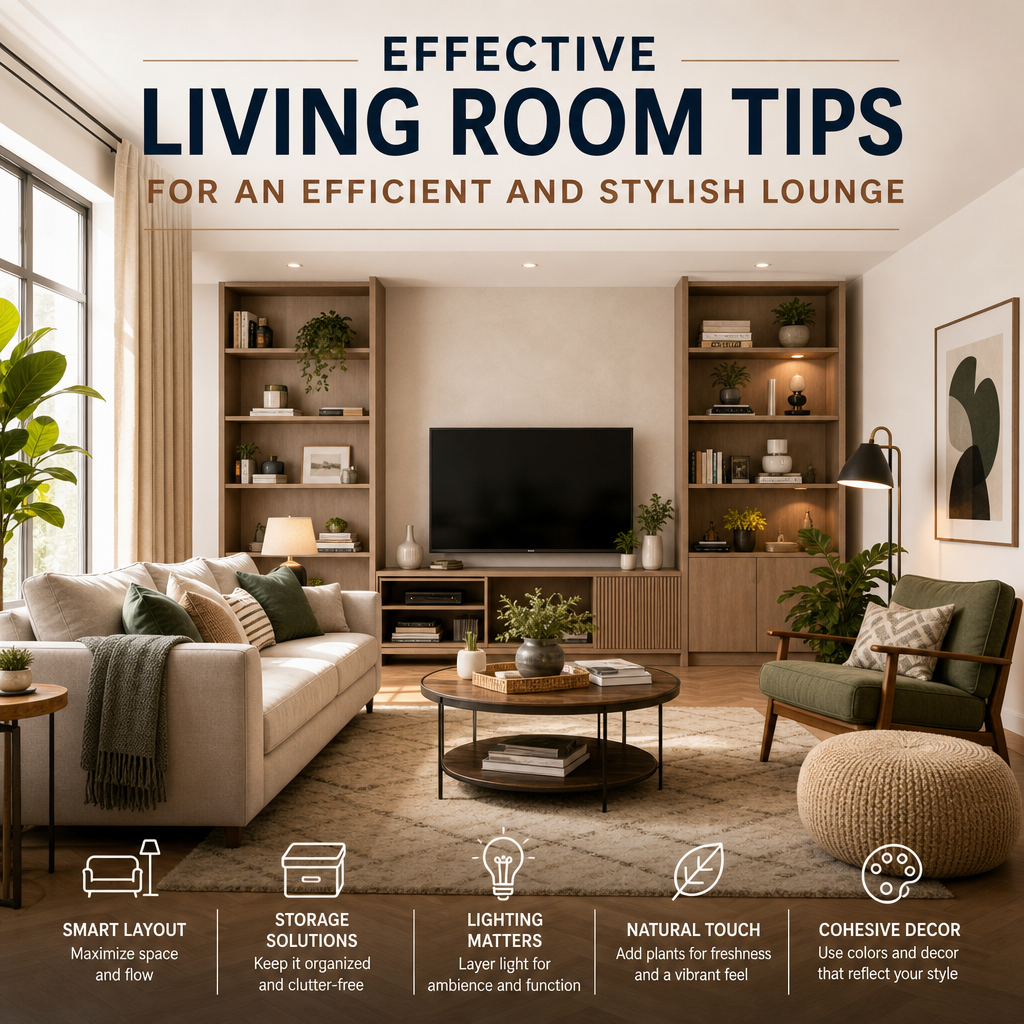 Modern living room featuring smart layout, stylish storage, layered lighting, natural decor, and cohesive design elements.